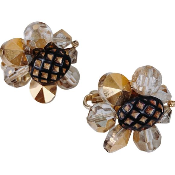 VTG Signed Vendome Mid Century Gold Tone Glass Bead Clip On Earrings 50s Cluster - Picture 1 of 10